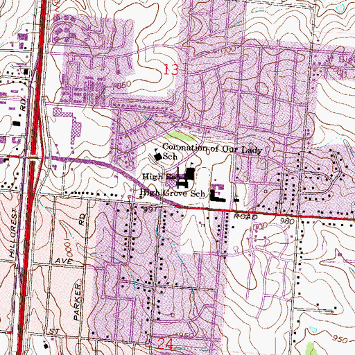 Topographic Map of Grandview High School, MO