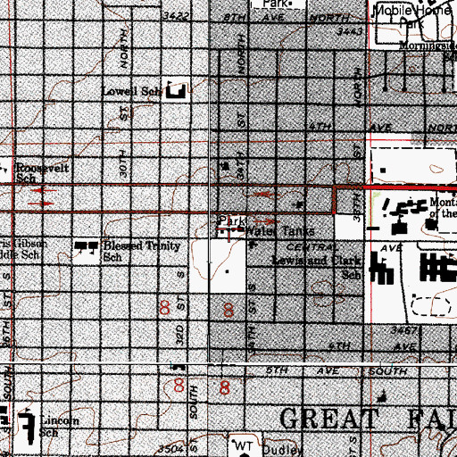 Topographic Map of Great Falls Fire Rescue Station 3, MT