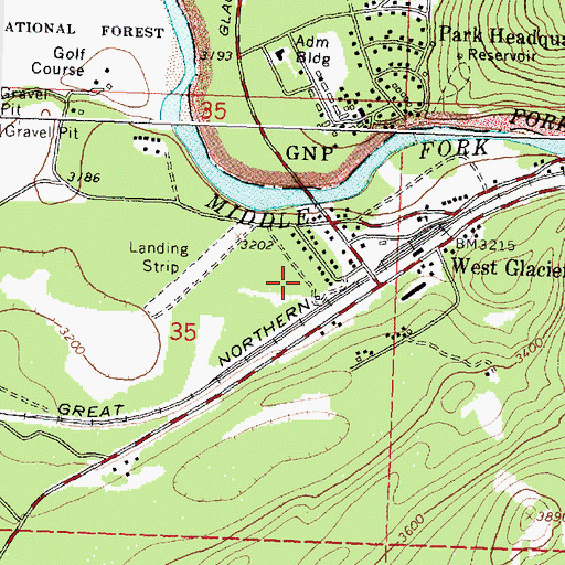 Topographic Map of Coram - West Glacier Volunteer Fire Department, MT