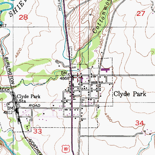Topographic Map of Clyde Park City Fire Department, MT