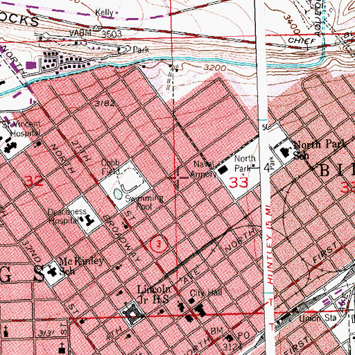 Topographic Map of Billings Fire Department Station 1 Headquarters, MT