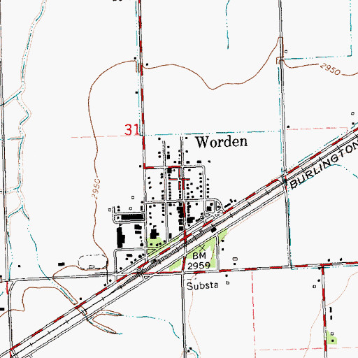 Topographic Map of Worden Volunteer Fire Department Station 1 Headquarters, MT