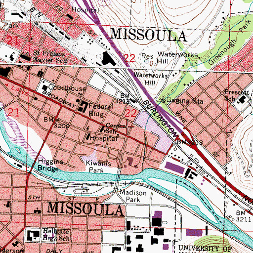 Topographic Map of Missoula Fire Department Station 1, MT