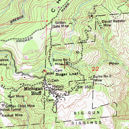 Topographic Map of Burns Number One Mine, CA