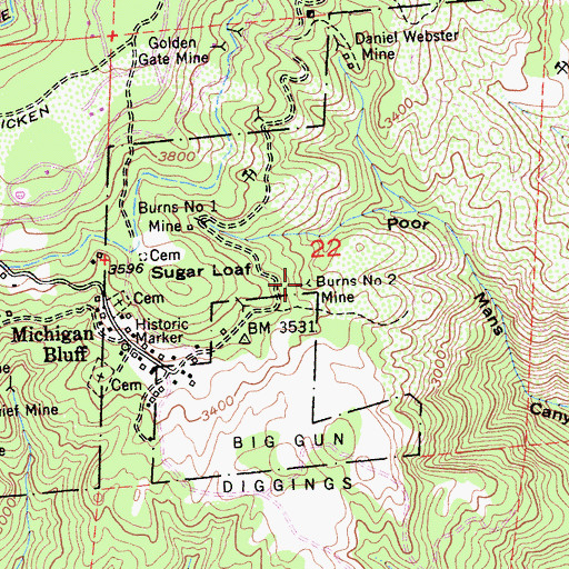 Topographic Map of Burns Number Two Mine, CA