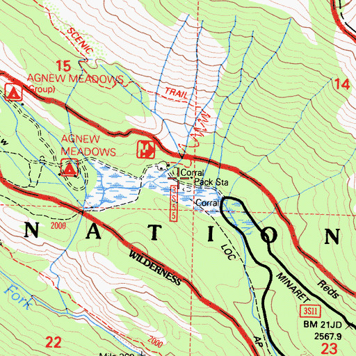 Topographic Map of Agnew Meadows Horse Camp, CA