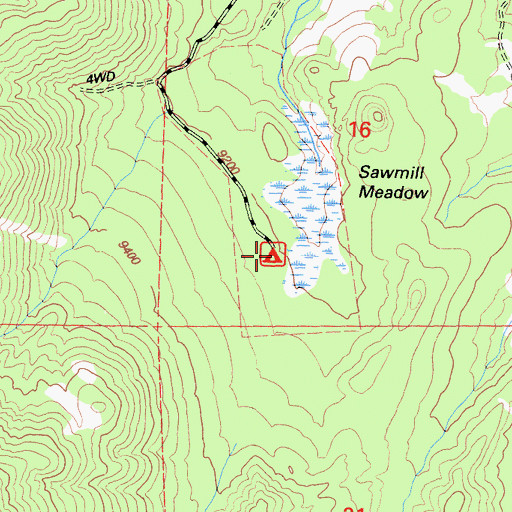 Topographic Map of Sawmill Meadows Camping Area, CA
