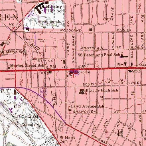 Topographic Map of Mahoning Valley Hospital, OH