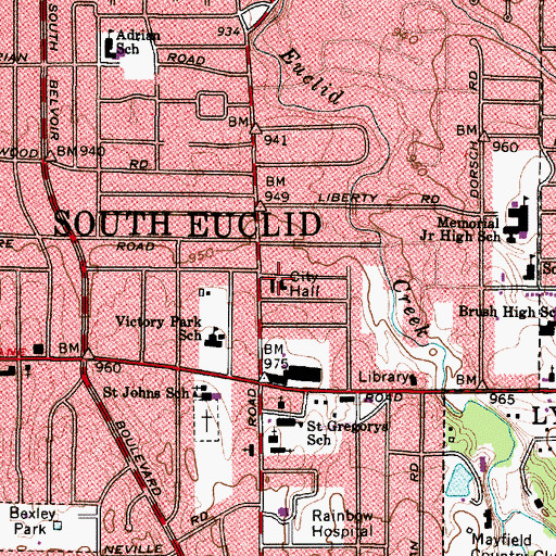 Topographic Map of South Euclid Fire Department, OH