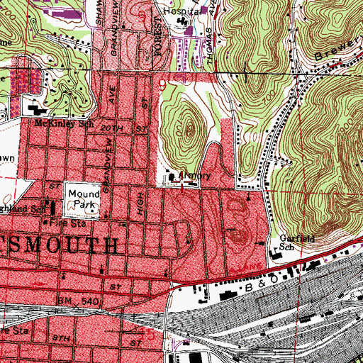 Topographic Map of Portsmouth Fire Department Hilltop Fire Station, OH