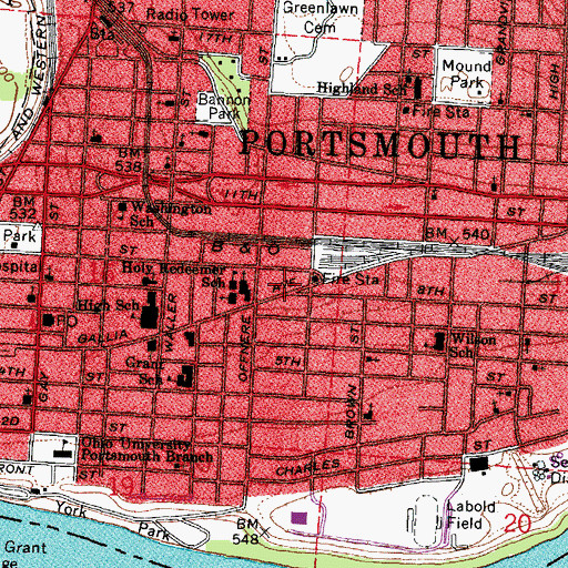 Topographic Map of Portsmouth Fire Department Central Fire Station, OH