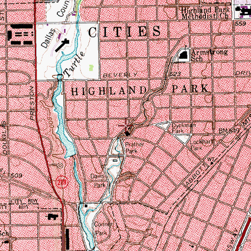 Topographic Map of Highland Park Department of Public Safety, TX