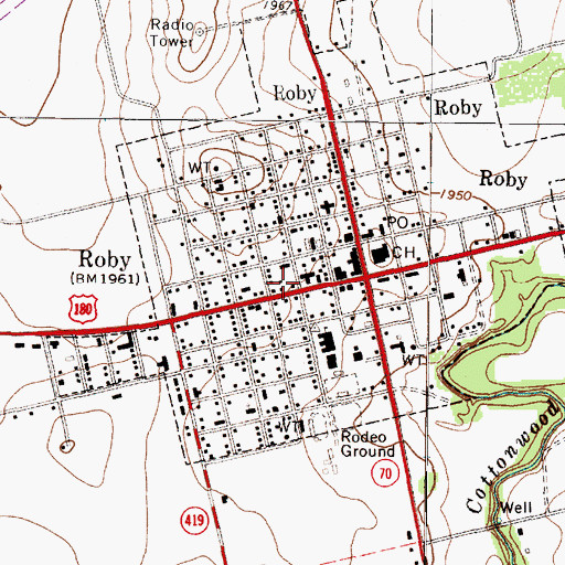 Topographic Map of Roby Volunteer Fire Department, TX