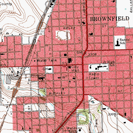 Topographic Map of Brownfield Fire Department, TX