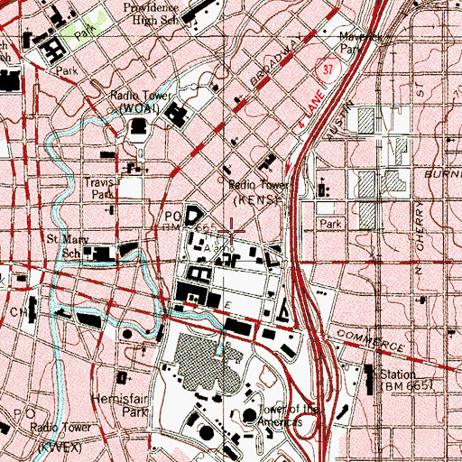 Topographic Map of San Antonio Fire Department Station 1, TX