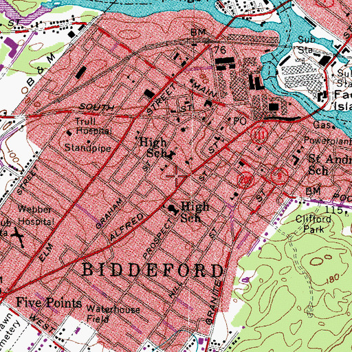Topographic Map of Biddeford Central Fire Station, ME