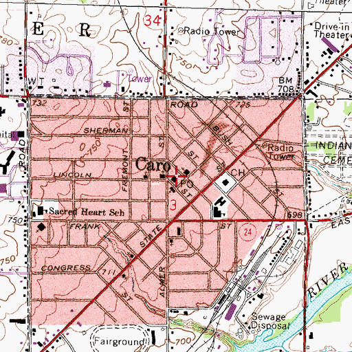 Topographic Map of Caro Post Office, MI