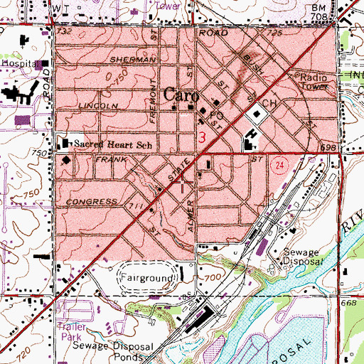 Topographic Map of Caro Fire Department, MI