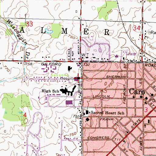Topographic Map of Caro Community Hospital, MI