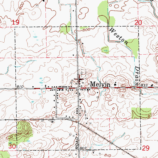 Topographic Map of Melvin Baptist Church, MI