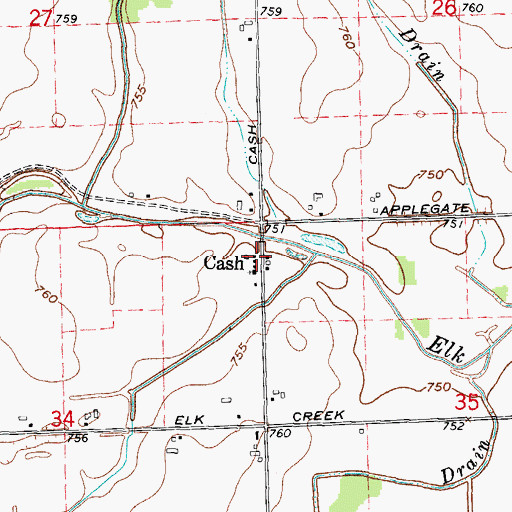 Topographic Map of Cash Post Office (historical), MI