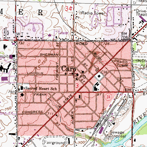 Topographic Map of First Presbyterian Church of Caro Historical Marker, MI