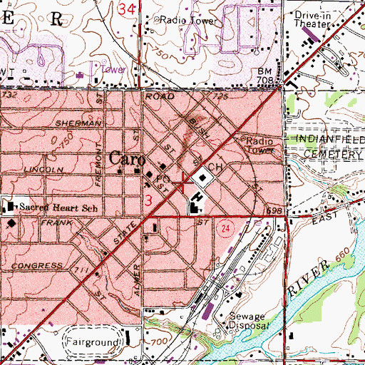 Topographic Map of Tuscola County Advertiser Historical Marker, MI
