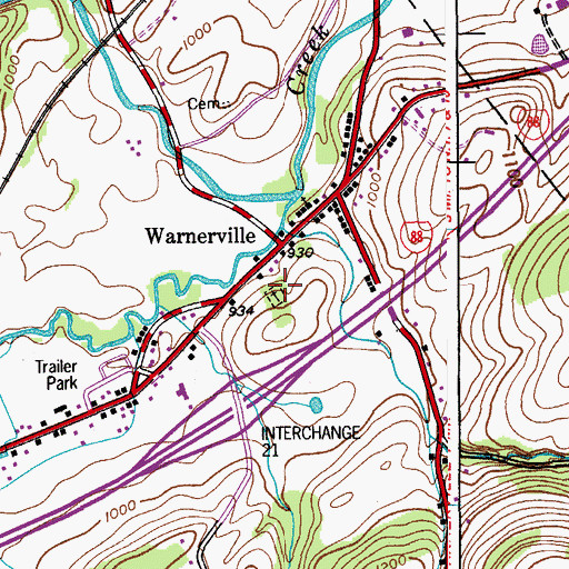 Topographic Map of Warnerville Cemetery, NY