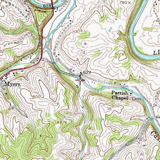Topographic Map of Cassidys Crick Mill (historical), KY