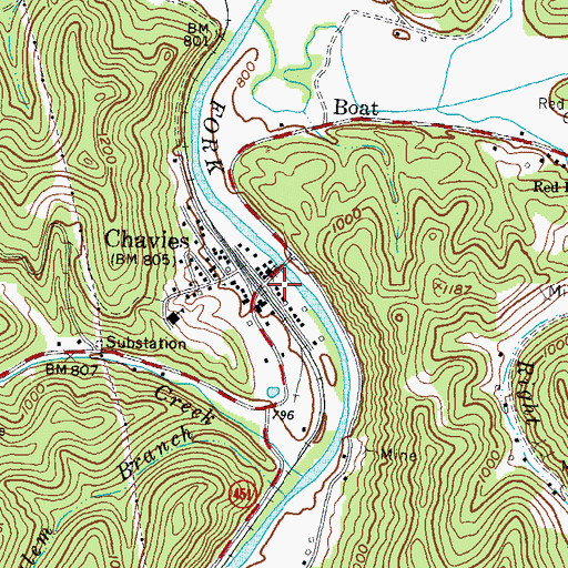 Topographic Map of Chavies Railroad Station (historical), KY