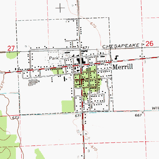 Topographic Map of Merrill Post Office, MI
