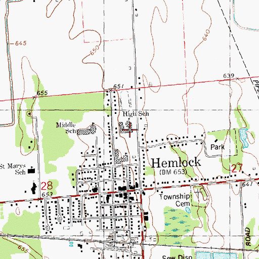 Topographic Map of Hemlock High School, MI