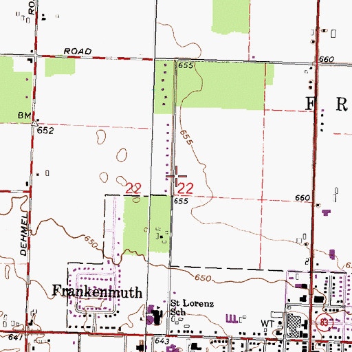 Topographic Map of Frankenmuth Bible Church, MI