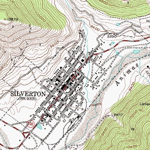 Topographic Map of Silverton Historic District, CO