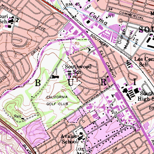 Topographic Map of Baden, CA