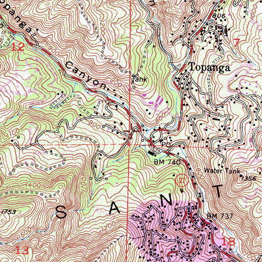 Topographic Map of Old Topanga Canyon, CA