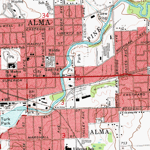 Topographic Map of Alma Public Library, MI