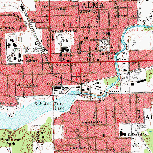 Topographic Map of Alma Post Office, MI