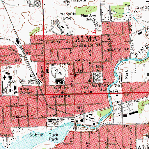 Topographic Map of First Baptist Church, MI