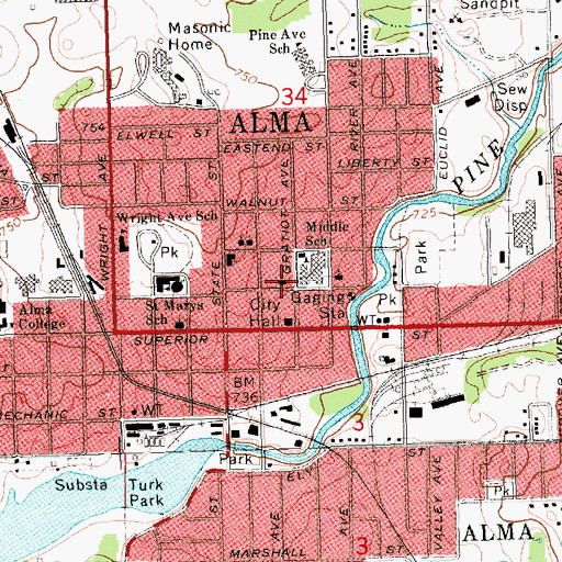 Topographic Map of Alma United Methodist Church, MI