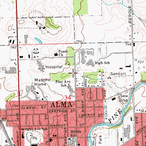 Topographic Map of Alma Family Practice, MI