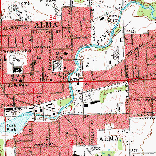 Topographic Map of Alma City Police Department, MI