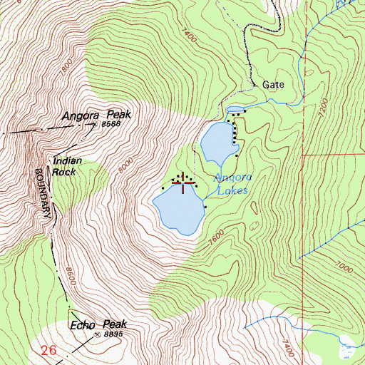 Topographic Map of Angora Lakes, CA