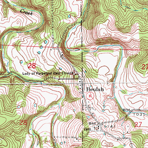 Topographic Map of Beulah Baptist Church, MO