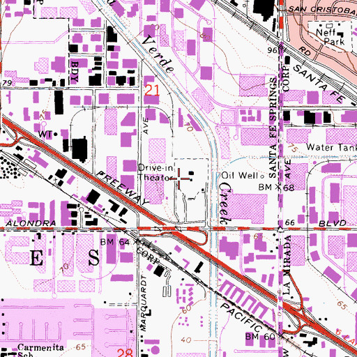 Topographic Map of Santa Fe Springs Drive-In (historical), CA