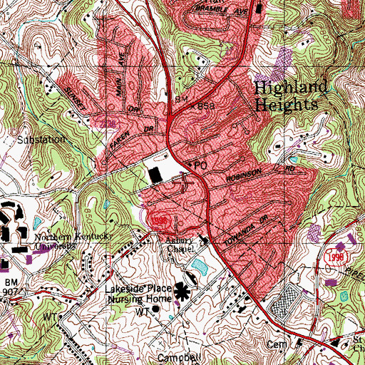 Topographic Map of Highland Heights Post Office, KY