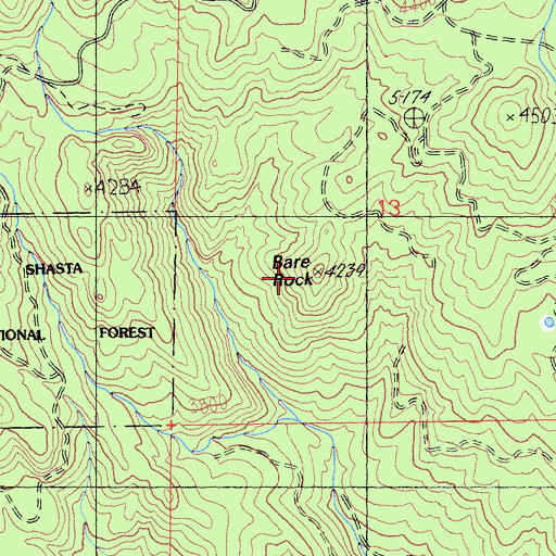 Topographic Map of Bare Rock, CA