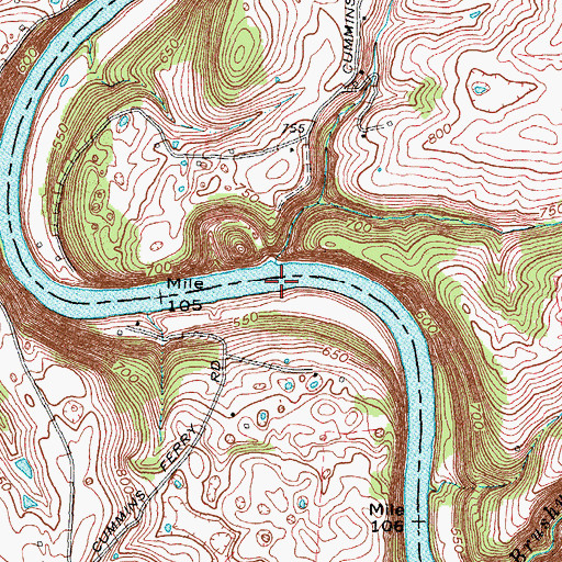 Topographic Map of Cummins Ferry (historical), KY