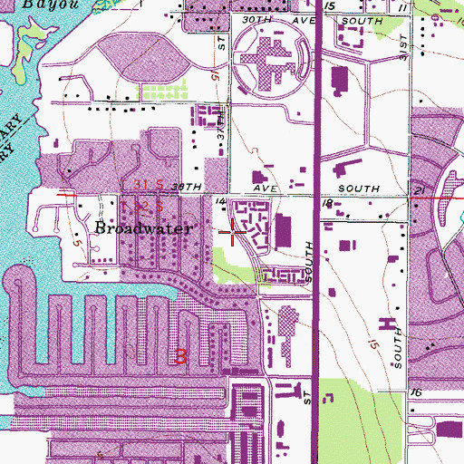 Topographic Map of Broadwaters Park, FL