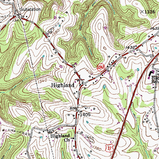 Topographic Map of Highland Post Office (historical), KY